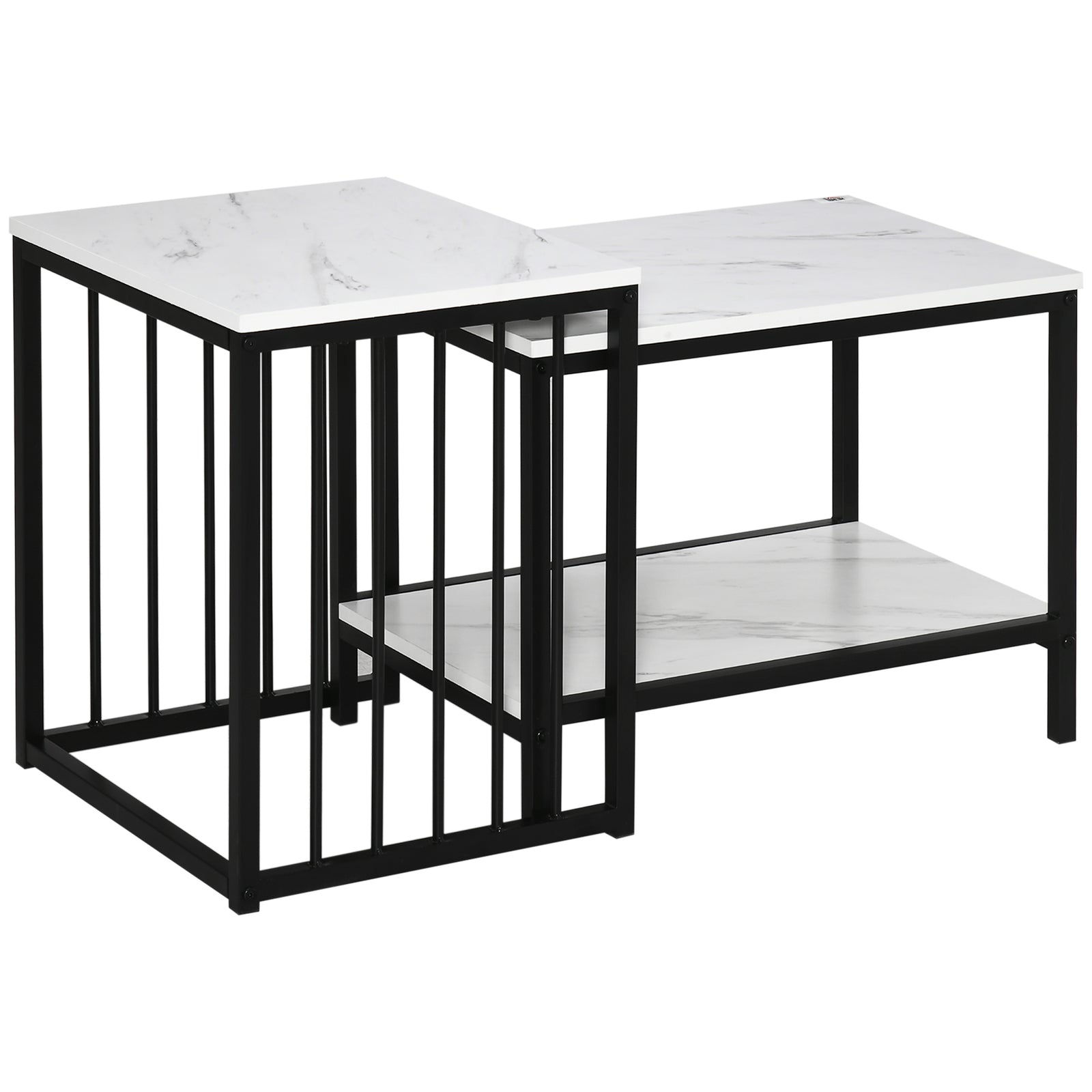 Modern Coffee Table Set of Two, Marble-Effect Nesting Side Tables with Steel Frame for Living Room, White, Black