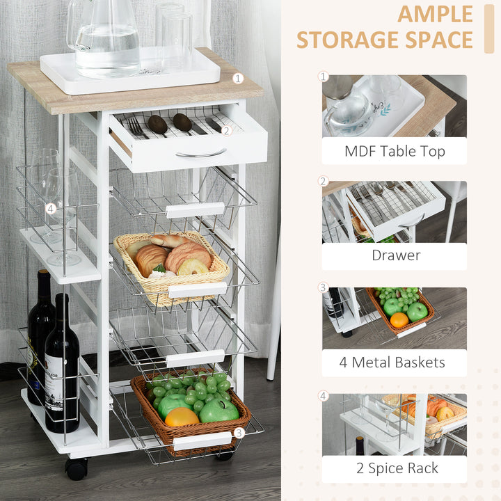 Rolling Kitchen Cart, Utility Storage Cart with 4 Basket Drawers & Side Racks, Wheels for Dining Room, Natural and White