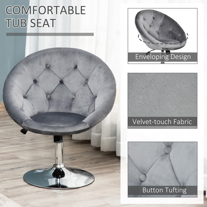 Swivel Dressing Stool, Velvet-feel Upholstered Vanity Chair, Adjustable Height Tub Makeup Chair with Button Tufting and Thick Padding for Bedroom, Grey