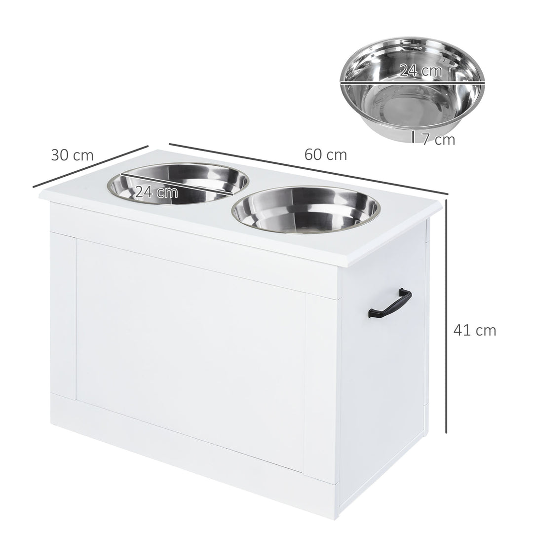 MCL Raised Dog Bowls, with Storage, Two Stainless Steel Bowls, Elevated Base - White