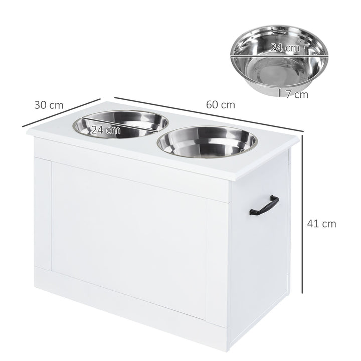 MCL Raised Dog Bowls, with Storage, Two Stainless Steel Bowls, Elevated Base - White