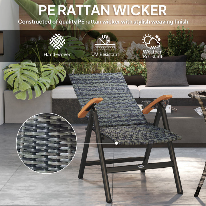 2 Pieces Folding Rattan Garden Dining Chairs with 5-level Reclining High Back, Wood Armrests for Outdoor - Mixed-grey