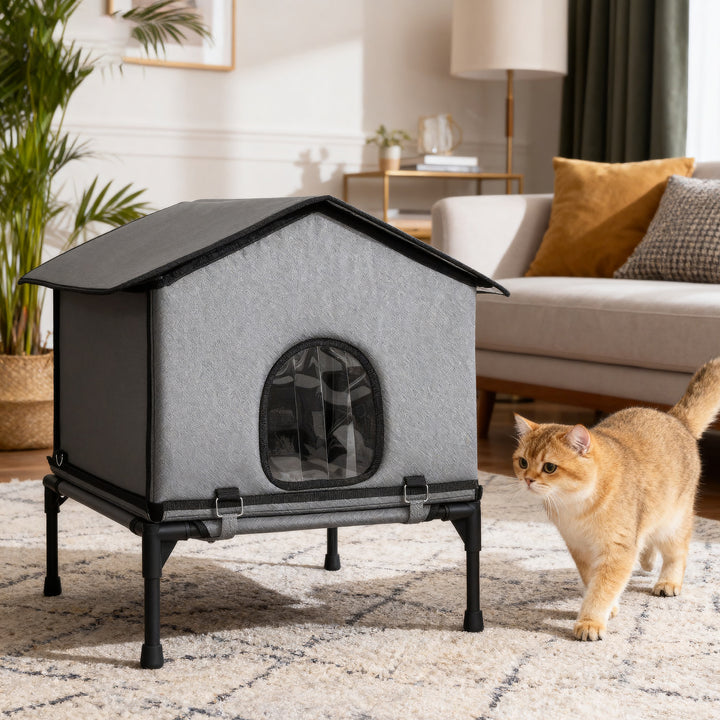 MCL Outdoor Cat House, Waterproof Insulated Cat Kennel with Elevated Base, Foldable Feral Kitty Shelter for Kittens, Grey