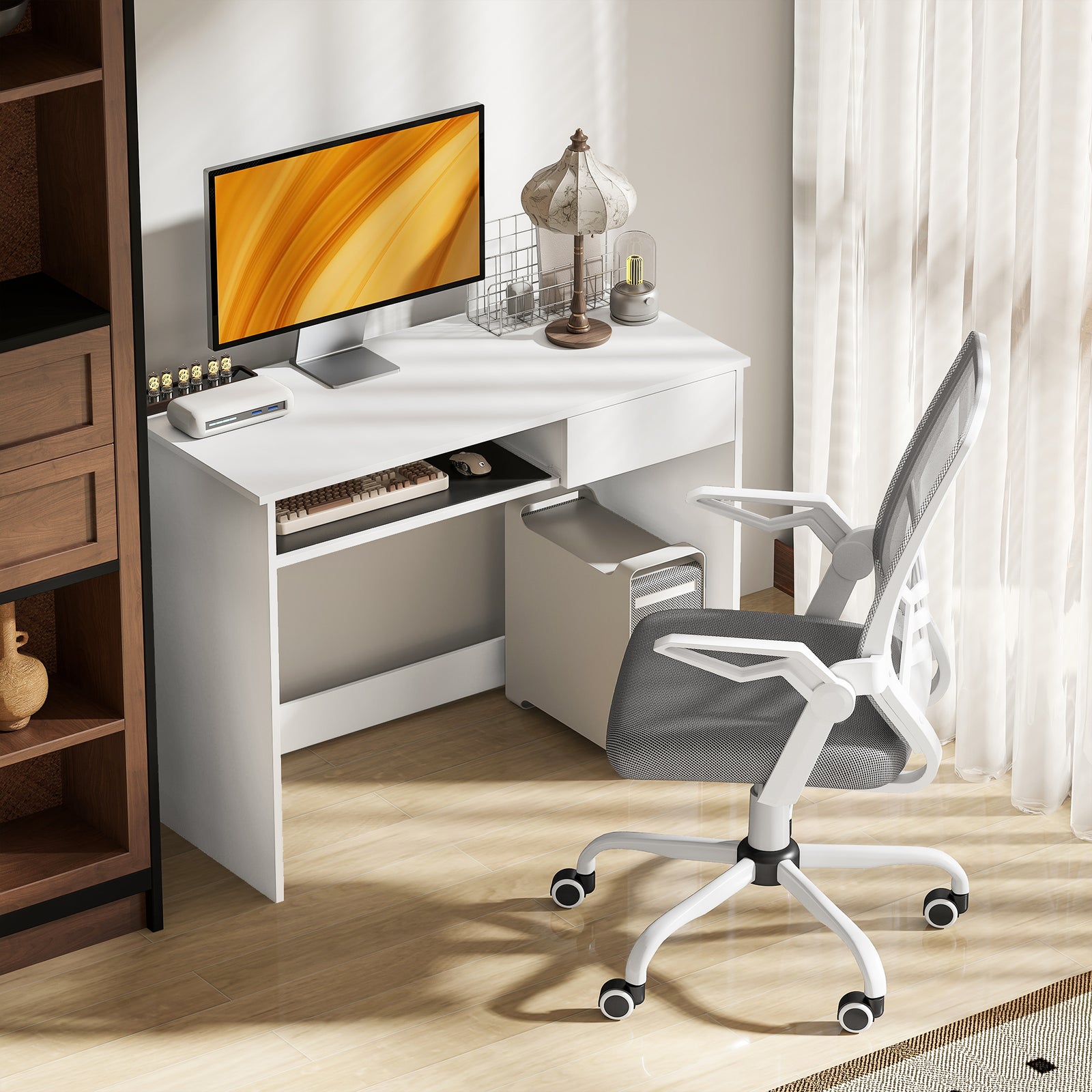 Home Office Chair and Computer Desk Set, Mesh Chair with with 90° Flip-up Armrest, Study Desk with Keyboard Tray and Drawer, White and Grey