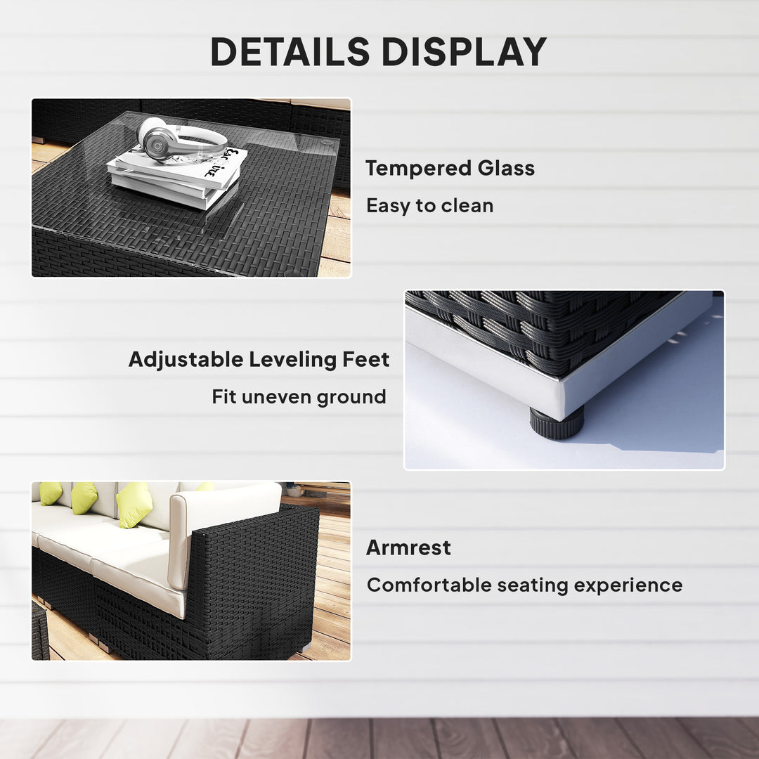 MCL 8 Piece Rattan Corner Sofa Set with Wide & Deep Seat, Assembled Aluminium PE Rattan Garden Furniture Set with Thick Cushions and Glass Top Table for Outdoor, Conservatory, Black