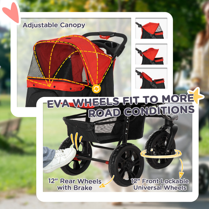 Dog Stroller Foldable Pet Pram, 3 Wheels Dog Pushchair with Brake, for Small Miniature Breeds, Cats, Red