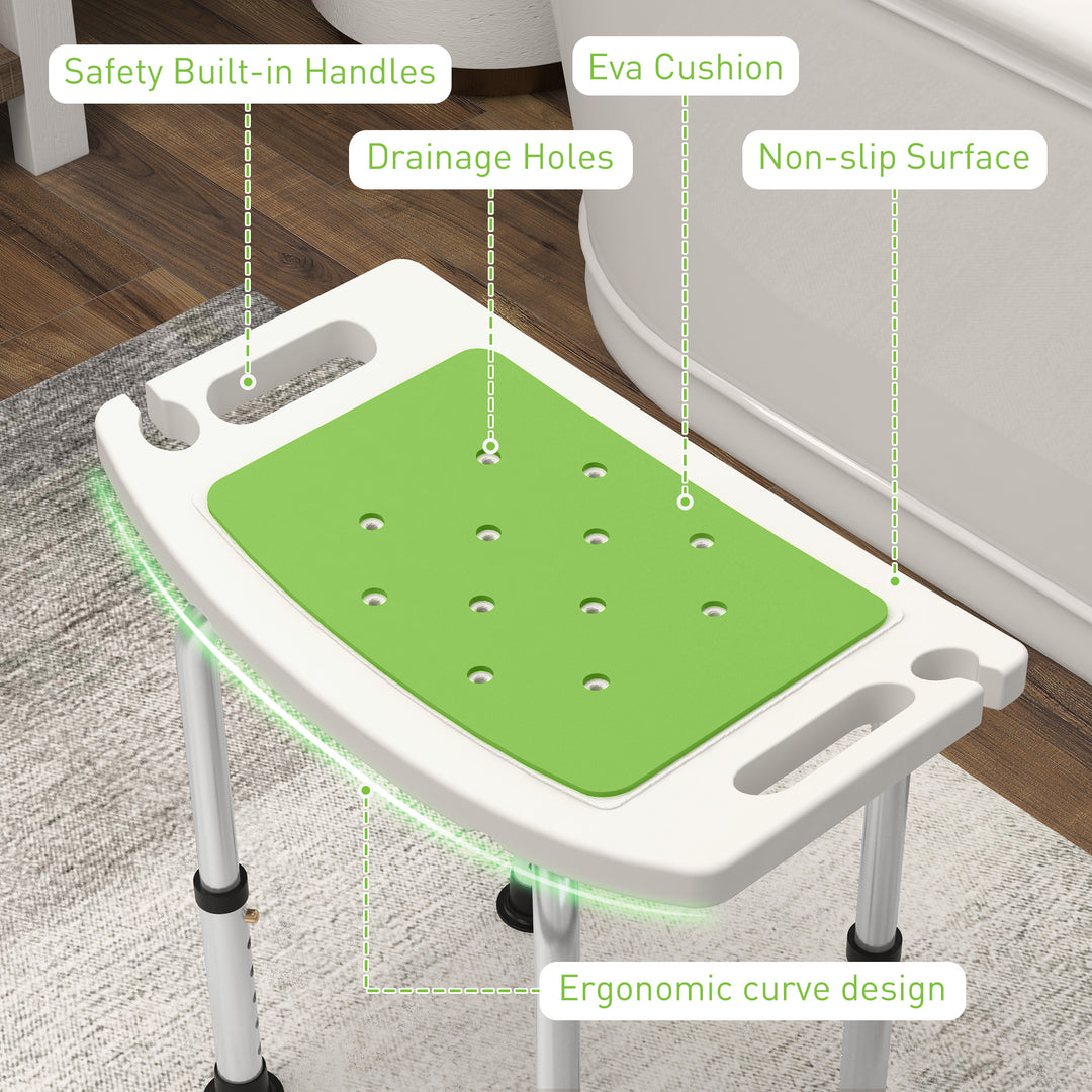 HOMCOM 6-Level Height Adjustable Aluminium Bath Room Stool Chair Shower Non-Slip Design w/ Padded Seat Drainage Holes Foot Pad, Green | Aosom UK