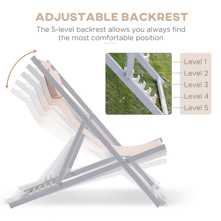 Set of 2 Folding Garden Beach Aluminium Frame Deck Chairs Deckchairs Seaside Folding Garden Patio Lounger, Beige