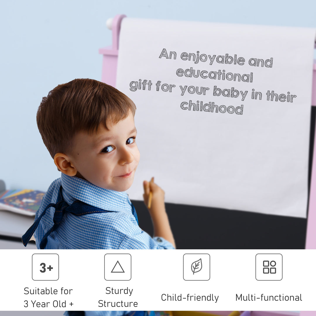 MCL Kids Easel 3 in 1 Wooden Art Easel with Paper Roll Double-Sided Chalkboard & Whiteboard with Storage Baskets for Toddler Girls, Pink