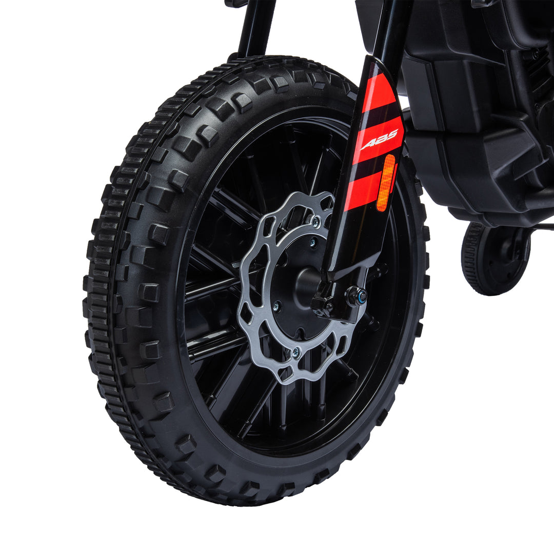 MCL 12V Aprilia Licensed Kids Motorbike with Training Wheels, Spring Suspension, LED Headlight, USB, Music, Red/Black