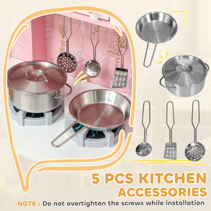 AIYAPLAY Play Kitchen, Kids Kitchen Set with Lights and Sounds, Double Stoves, Ice Maker, Chalkboard for 3+ Years, Pink