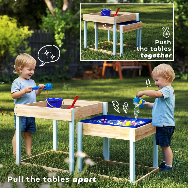 2 PCS Wooden Outdoor Sand and Water Play Tables with Bottom Liner for 
