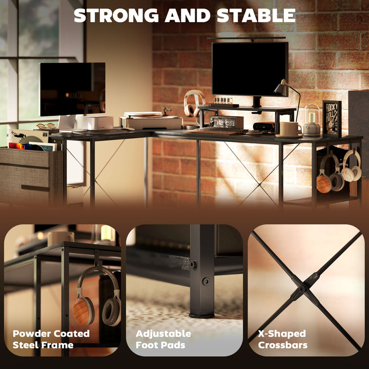 168cm Reversible L Shaped Desk, Industrial Corner Computer Desk with Adjustable Shelf and Storage Bag, 240cm 2 Person PC Table with Monitor Stand, Black