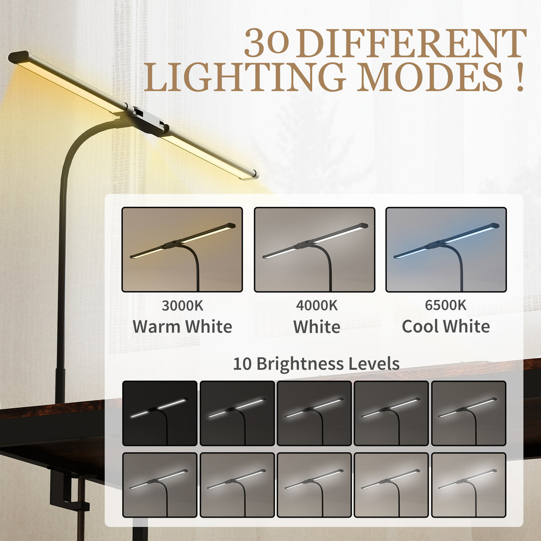 LED Desk Lamp with Clamp, Double Head Table Lamp with 3 Colour Modes & 10 Brightness Levels, Flexible Gooseneck Reading Desk Light with Timer and Memory Function for Study, Office, Work, Black