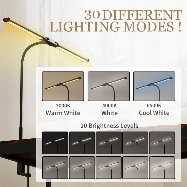 LED Desk Lamp with Clamp, Double Head Table Lamp with 3 Colour Modes & 10 Brightness Levels, Flexible Gooseneck Reading Desk Light with Timer and Memory Function for Study, Office, Work, Black