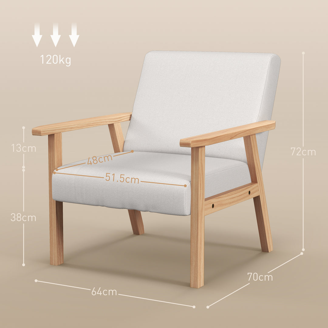 Accent Chair Wood Frame with Thick Linen Cushions Wide Seat Armchair Home Furniture Bedroom Office Cream White