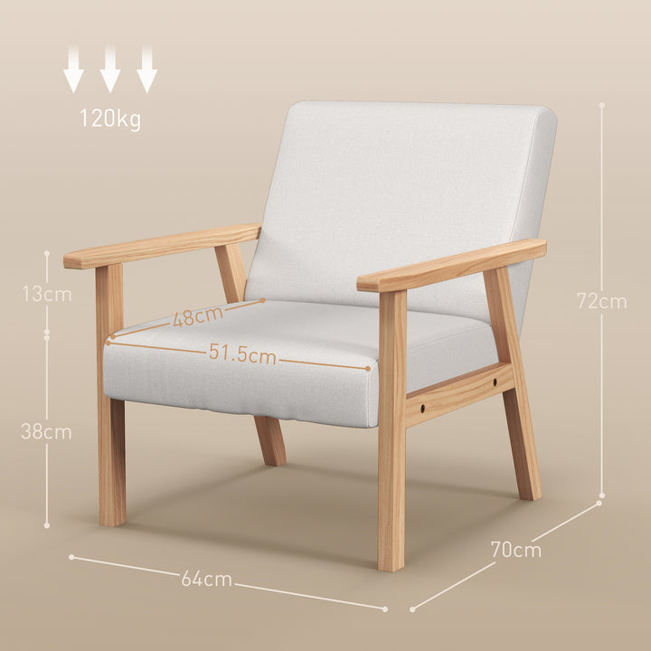 Accent Chair Wood Frame with Thick Linen Cushions Wide Seat Armchair Home Furniture Bedroom Office Cream White