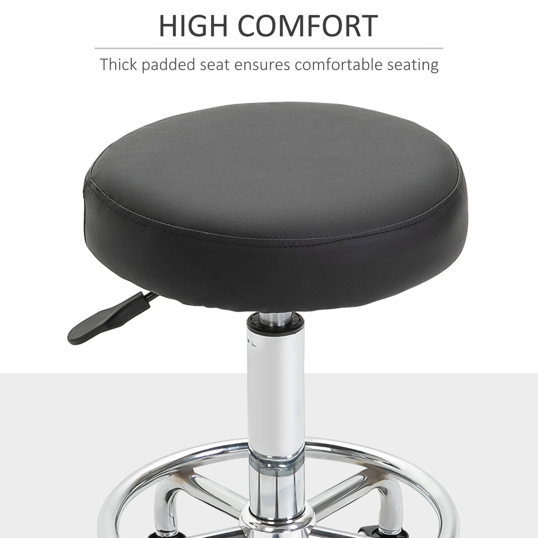 Round Rolling Stool, PU Leather Height Adjustable Stool Chair with Wheels and Swivel Seat for Salon, Massage, Spa, Home Kitchen, Black