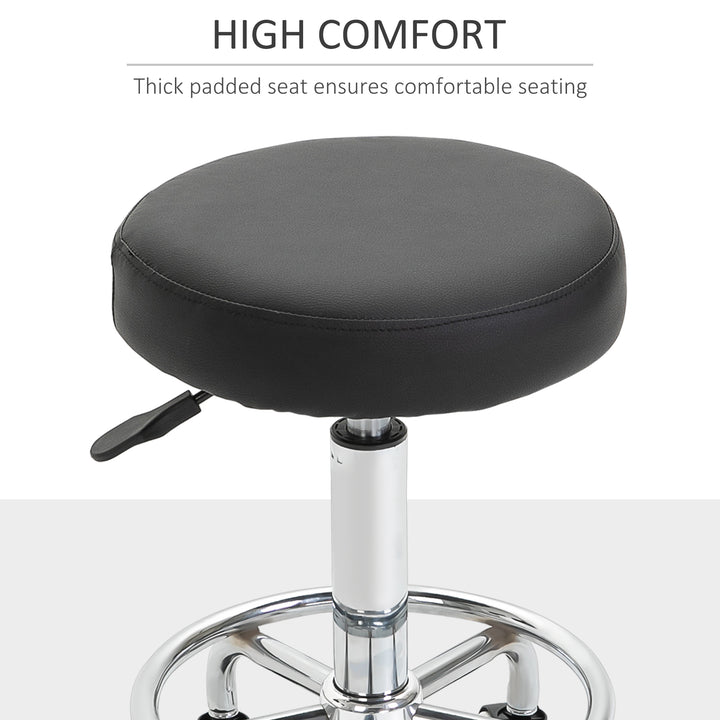 Round Rolling Stool, PU Leather Height Adjustable Stool Chair with Wheels and Swivel Seat for Salon, Massage, Spa, Home Kitchen, Black
