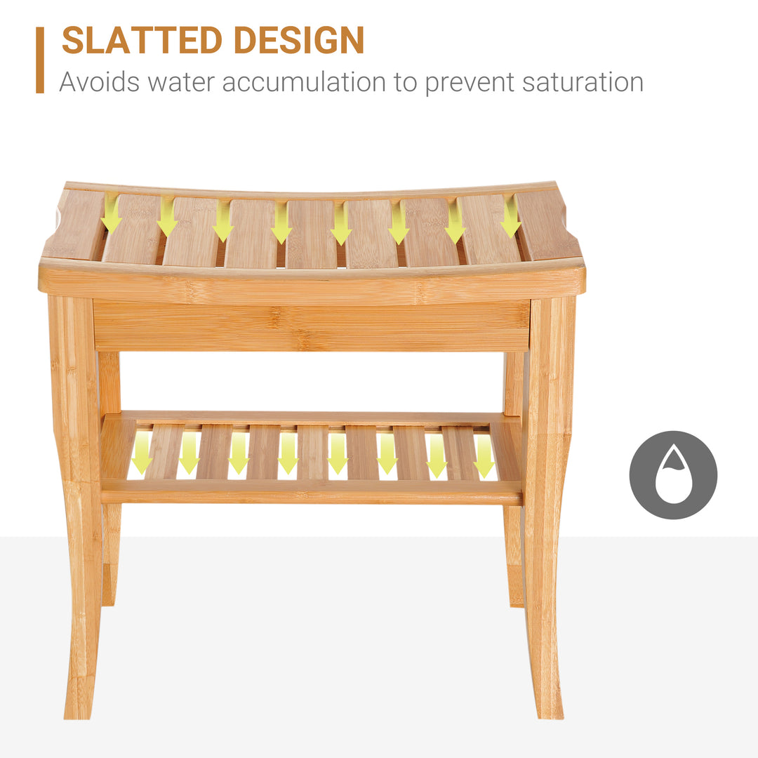 45cm 2-Tier Slatted Shower Bench Storage Seat w/ 4 Legs Comfortable Safe Bathroom Stool Spa Bath Organiser