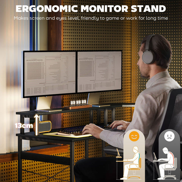 L' Shaped Work Desk, with LED Lights - Black