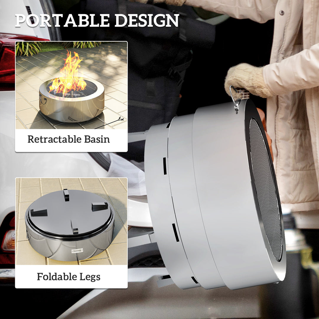 Stainless Steel Wood-burning Fire Pit with Fire Poker - Silver
