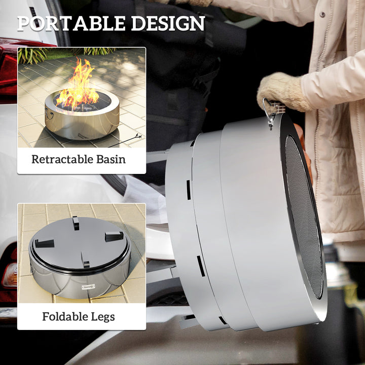 Stainless Steel Wood-burning Fire Pit with Fire Poker - Silver