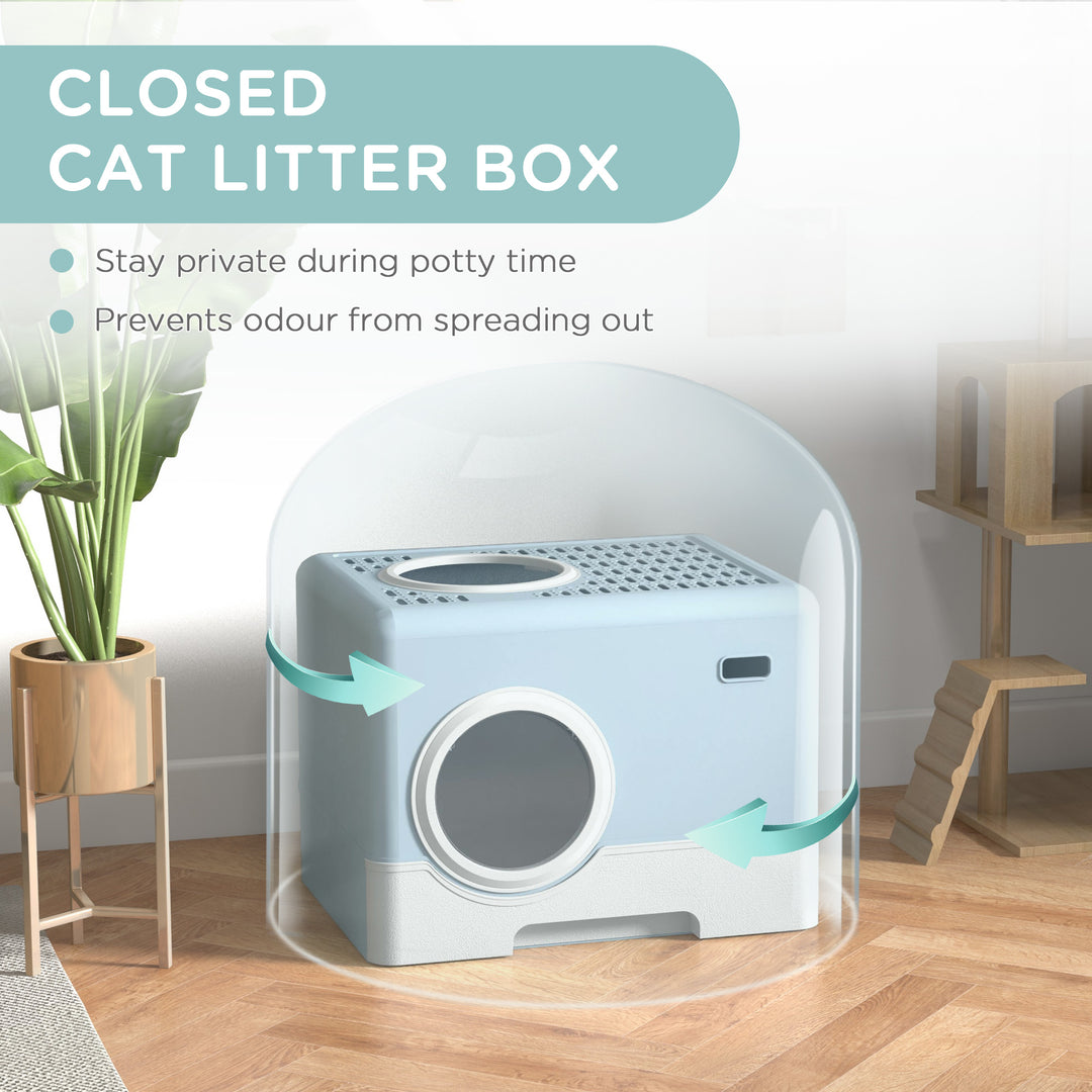 PawHut Enclosed Litter Sanctuary: Front/Top Entry, Drawer Tray, Scoop, 52Lx41Wx38.5Hcm, Blue | Aosom UK