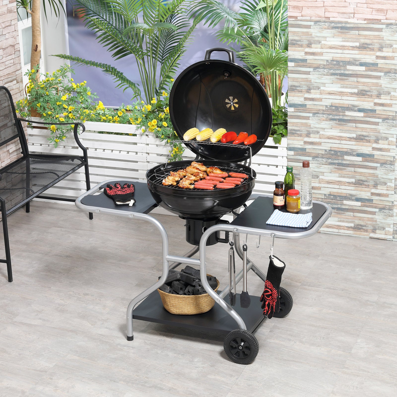 Portable Charcoal Kettle Grill Outdoor Barbecue Trolley BBQ Heat Smoker Grilling with 2 Wheels, Storage Shelf and 4 Hooks, Free Standing, Black