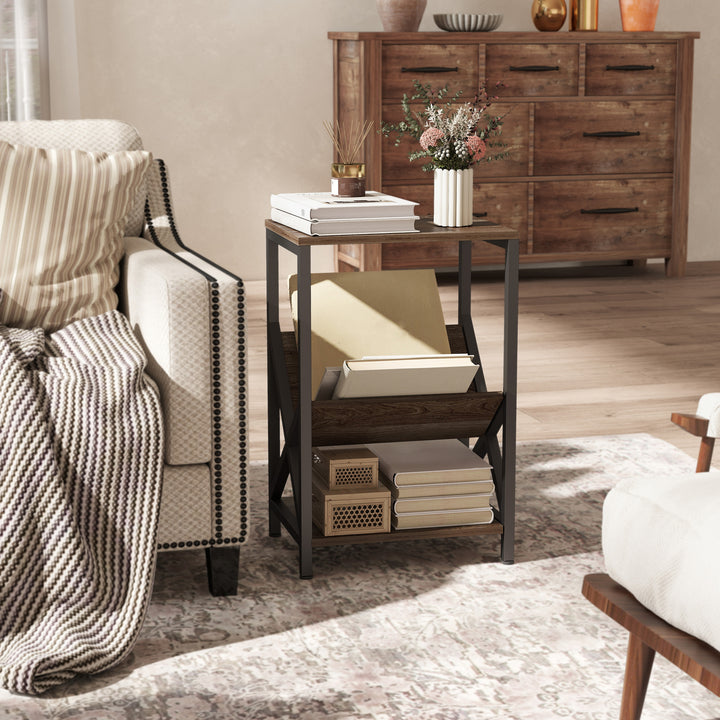 MCL Narrow Side Table, End Table with 3-Tier Storage, V-Shaped Magazine Holder for Living Room, Bedroom, 40 x 30 x 61cm, Oak
