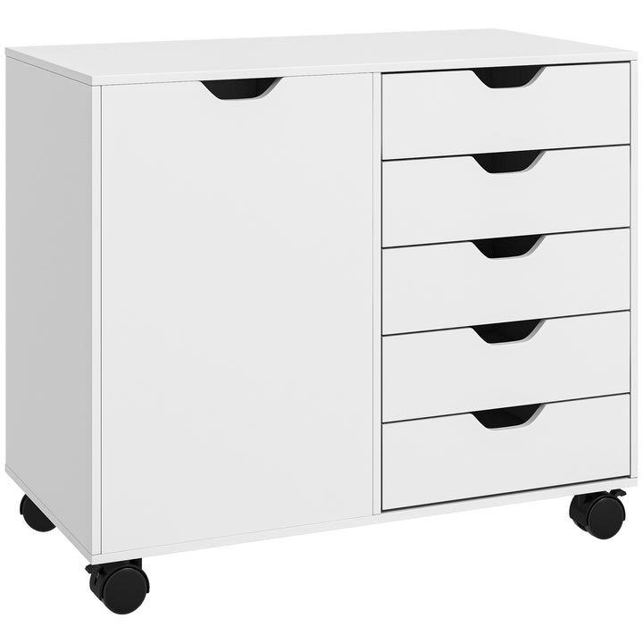 HOMCOM Mobile Filing Cabinet with 5 Drawers, Door and Adjustable Shelf, Rolling File Cabinet, Printer Table for Study