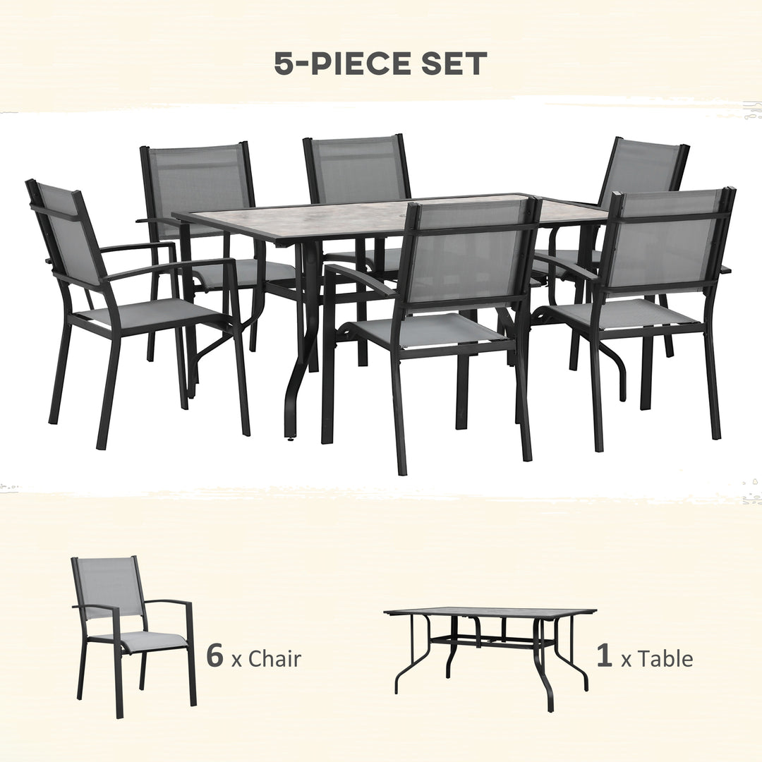 Outsunny 7 Piece Garden Dining Set, Armchairs and Table with Parasol Hole, 6 Seater Outdoor Patio Furniture with Texteline Seat for Backyard, Grey