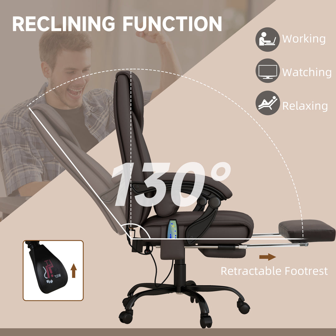6-Point Massage Office Chair, PU Leather Desk Chair with Adjustable Height and Footrest for Home Office, Brown