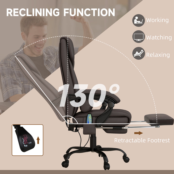 6-Point Massage Office Chair, PU Leather Desk Chair with Adjustable Height and Footrest for Home Office, Brown