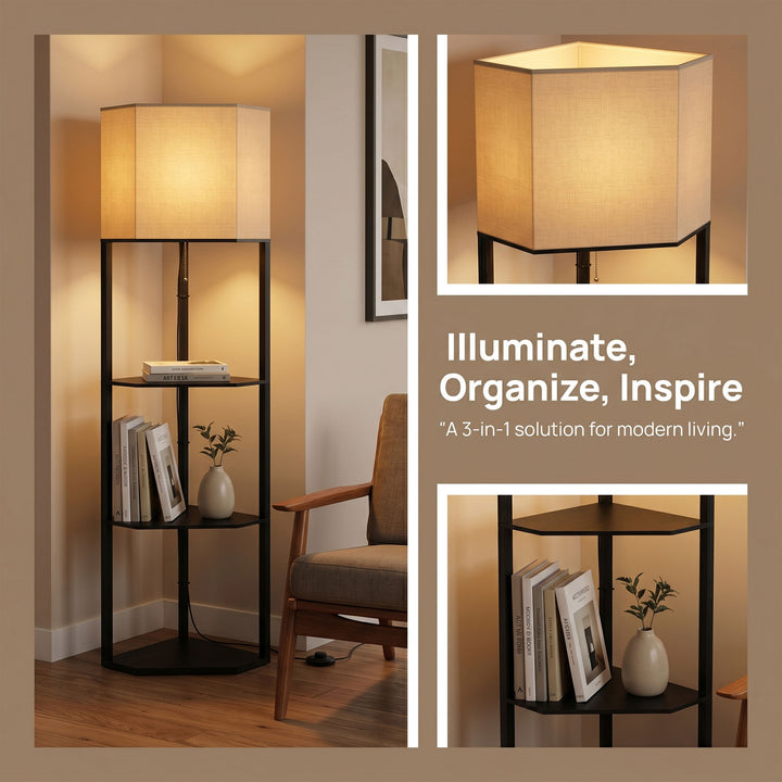 Corner Floor Lamp with Shelves and Lights, Modern Dimmable Standing La