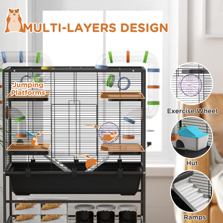 PawHut Large Hamster Cage Gerbil Cage with Tubes, Storage Shelf, Ramps, Platforms, Running Wheel - Black