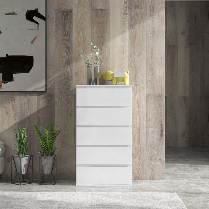 5-Drawer Modern Dresser, High Gloss Storage Drawer Unit for Bedroom, White