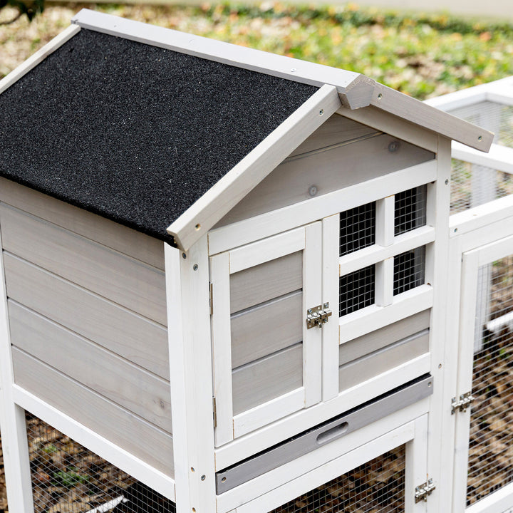 2 in 1 Rabbit Hutch Outdoor Guinea Pig Hutch Bunny Run Double Main House with Run, No-Leak Tray 259 x 64 x 92cm, Grey