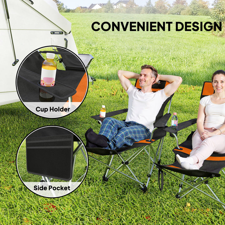 Set of 2 Reclining Folding Camping Chair w/ Detachable Footrest, Storage Bag, Cup Holder & Headrest, Lightweight Portable Camp Chair for Beach, Picnic, Orange and Black
