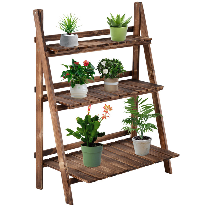 Outsunny Wooden 3 Tier Folding Flower Pot Stand, Garden Planter Display Ladder, Herb Rack, Natural | Aosom UK