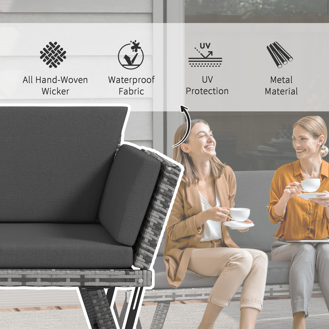 2 Seater Rattan Sofa with Cushions, 2-in-1 PE Rattan Daybed Sofa with Left Up or Down Armrests, Garden Chaise Lounger Loveseat for Outdoor, Patio, Mixed Grey