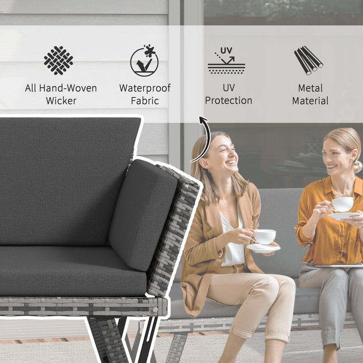 2 Seater Rattan Sofa with Cushions, 2-in-1 PE Rattan Daybed Sofa with Left Up or Down Armrests, Garden Chaise Lounger Loveseat for Outdoor, Patio, Mixed Grey