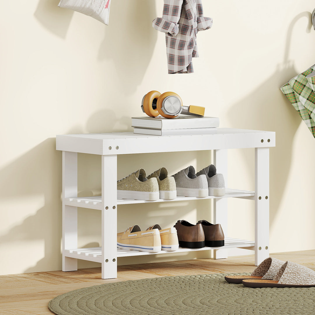 Two Shelf Bamboo Shoe Storage Bench - Natural Finish