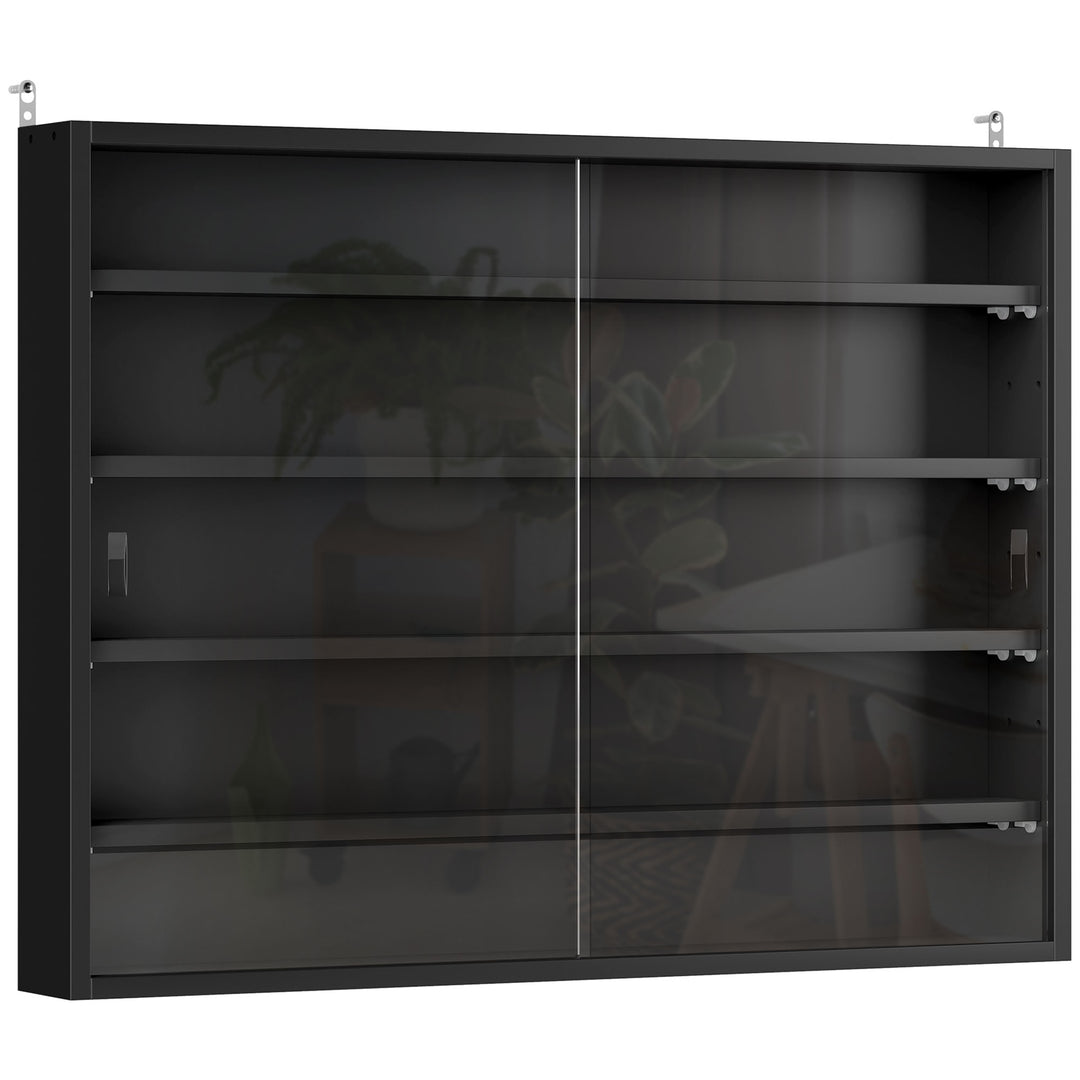 5-Tier Wall Display Shelf Unit Cabinet w/ 4 Adjustable Shelves Glass Doors Home Office Ornaments 60x80cm Black