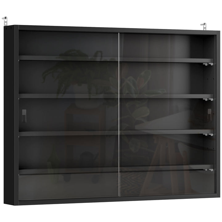 5-Tier Wall Display Shelf Unit Cabinet w/ 4 Adjustable Shelves Glass Doors Home Office Ornaments 60x80cm Black