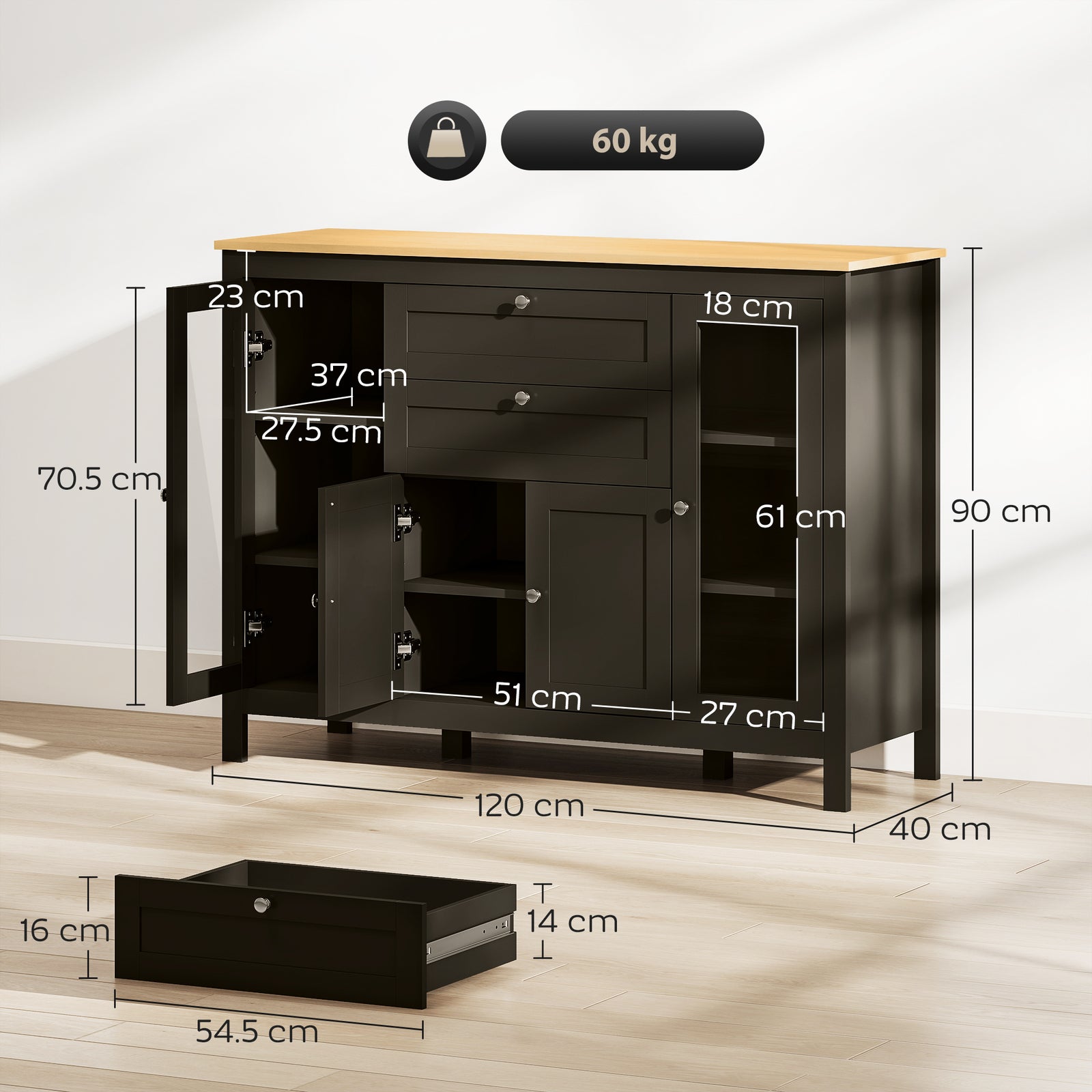 Modern Storage Cabinet, Sideboard with Oak Top, 4 Doors, 2 Drawers and