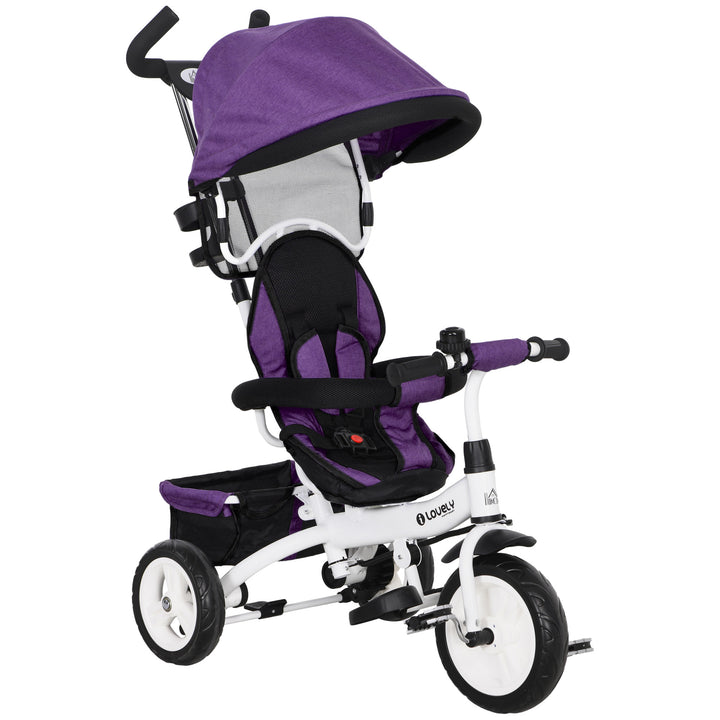 HOMCOM 4 in 1 Kids Trike Push Bike w/ Push Handle, Canopy, 5-point Safety Belt, Storage, Footrest, Brake, for 1-5 Years, Purple | Aosom UK