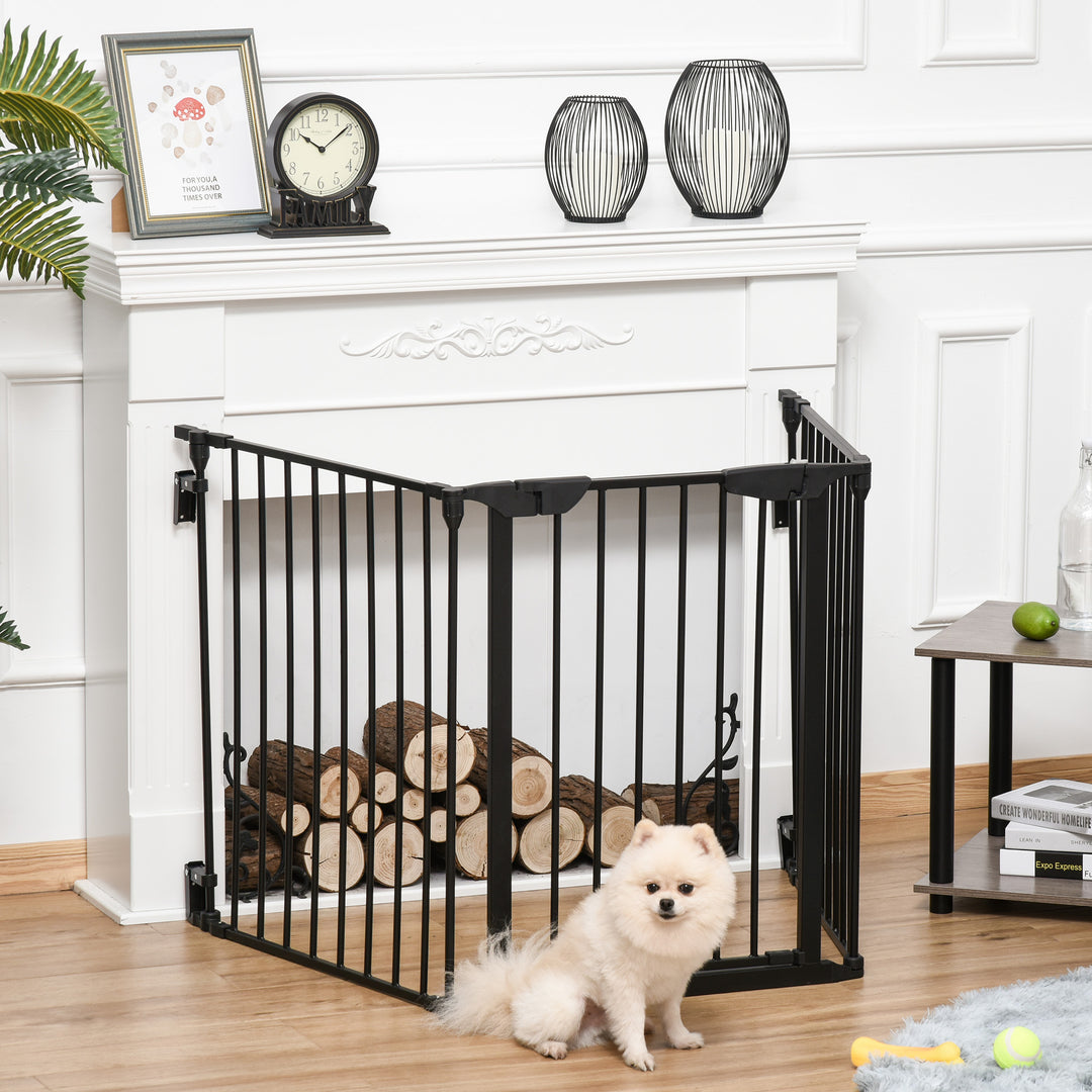 MCL Pet Safety Gate, 3 Panels Playpen Fireplace, Foldable Metal Fence, Stair Barrier, Room Divider, Fire Guard w/ Automatic Closing Door, Black