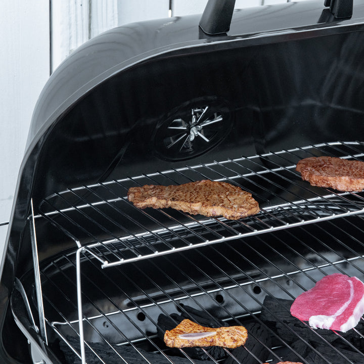 Portable BBQ Charcoal Grill with 2 Wheels and Cooking Utensils, Smoker Grill with Lid for Outdoor Barbecues, Camping, Picnic, Courtyard