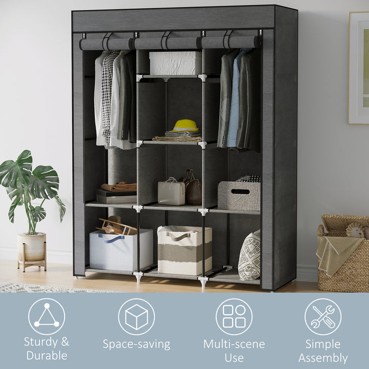 Fabric Wardrobe, with Rails and Shelves - Dark Grey